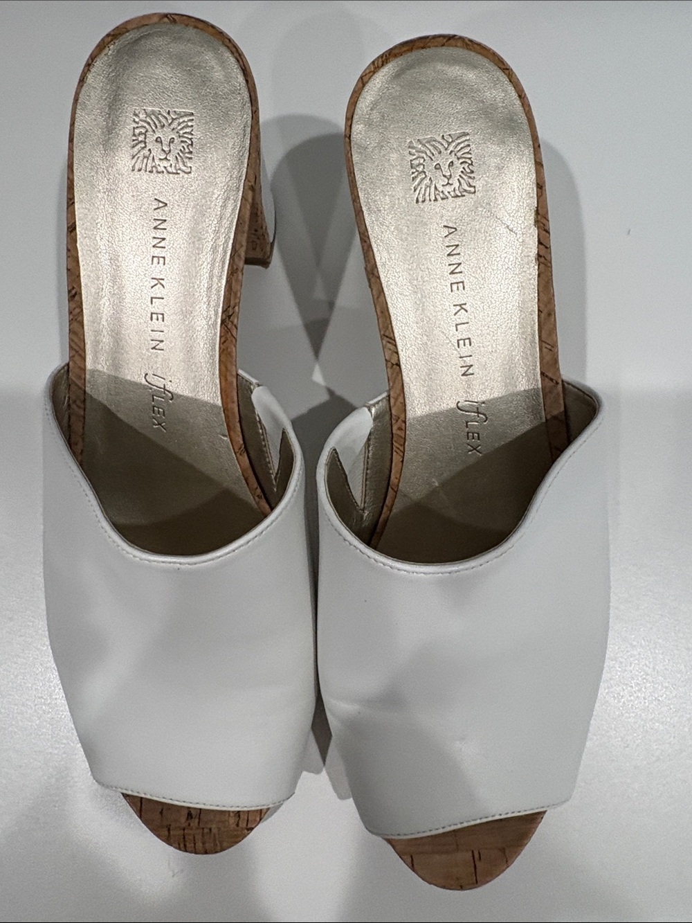 Anne Klein White Open-Toe Cork-Trim Mules